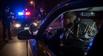 Un hombre en un coche detenido por dos policías, con luces de patrulla encendidas y una bolsa de basura con huesos en el asiento trasero durante la noche.