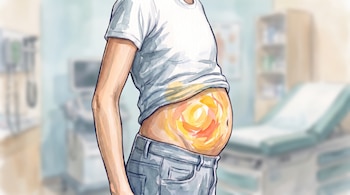 Persona de pie con camiseta blanca y jeans, mostrando su abdomen con un patrón de remolino rojo y amarillo, en un consultorio médico borroso.