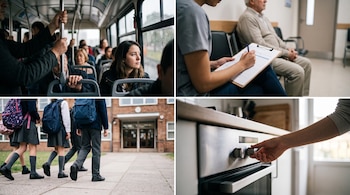 Mosaico con pasajeros en autobús, atención médica con planilla, estudiantes con mochilas frente a una escuela y una mano ajustando una cocina.