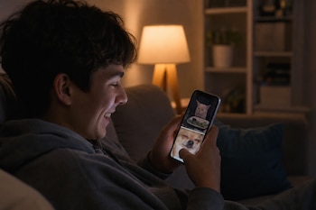 Un joven de perfil en un sofá ilumina su rostro mientras mira en un celular imágenes de un gato en una mesa y un perro.