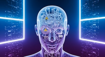 Ilustración de cabeza de androide translúcida mostrando circuitos, engranajes y señales de advertencia, sobre un fondo digital de neón azul y violeta.