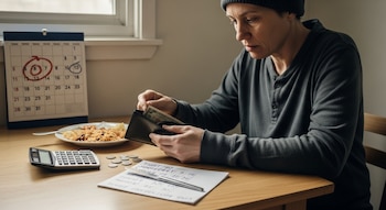 Una persona revisa su billetera en una mesa con un plato de comida, monedas, una calculadora, una hoja de papel y un calendario.