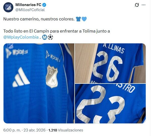 Millonarios vestirá su uniforme de local en El Campín para el partido ante Deportes Tolima - crédito @MillosFCoficial/X