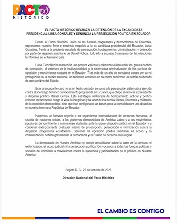 El Pacto Histórico aseguró que las actuaciones contra González se suman a una presunta estrategia de hostigamiento judicial y político contra la oposición ecuatoriana - crédito Pacto Histórico