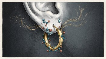 Lóbulo de oreja con un aro dorado, gotas de líquido y estructuras moleculares rodeadas por partículas brillantes.