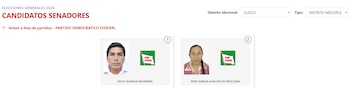 Captura de pantalla de una página web mostrando dos fotos de candidatos al Senado por Cusco: Delio Huanca Palomino y Rene Garcia Huallpa de Pauccara, ambos con el logo de Perú Federal