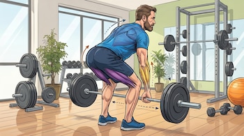 Ilustración de un hombre en un gimnasio levantando una barra con pesas, mostrando en colores sus isquiotibiales púrpuras, espalda azul y antebrazos amarillos.