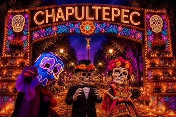 Arco iluminado con la palabra Chapultepec, ofrendas con velas y calaveras decorativas de tamaño humano en una avenida nocturna.