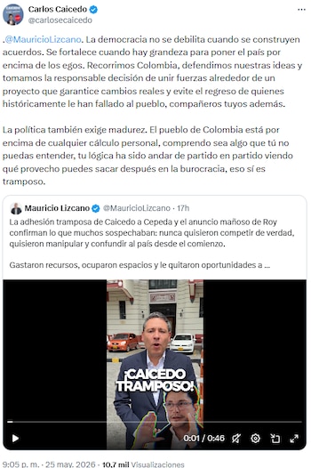 Carlos Caicedo rechazó acusaciones de Mauricio Lizcano y reivindicó alianzas por el interés nacional - crédito @carlosecaicedo/X