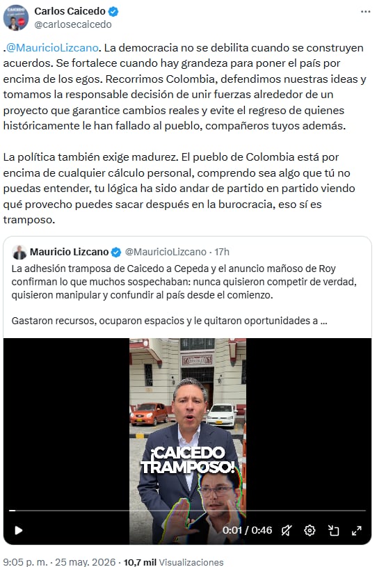 Carlos Caicedo rechazó acusaciones de Mauricio Lizcano y reivindicó alianzas por el interés nacional - crédito @carlosecaicedo/X