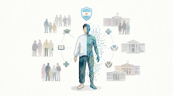 Ilustración de figura humana dividida: mitad real, mitad digital; logo del Ministerio de Capital Humano, siluetas de personas, edificios e íconos de servicios.
