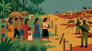 Grupo de indígenas camina en fila con niños y mujeres; a la izquierda, selva con cabañas; a la derecha, campo con maquinaria, soldados, vacas, banderas y una valla rota