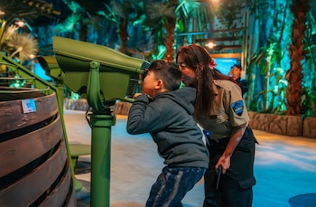 Un niño observa por un periscopio verde. Una mujer con uniforme de seguridad con un logo de dinosaurio asiste al niño. Fondo de vegetación y luces
