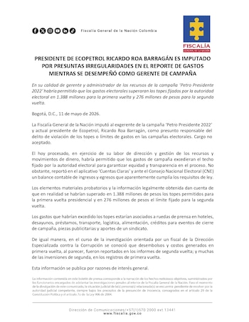 Ricardo Roa fue imputado por presuntas irregularidades en campaña presidencial de 2022 - crédito Fiscalía General de la Nación