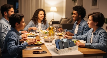 Familia de cinco personas sentada alrededor de una mesa de comedor, comiendo. En el centro hay una caja de madera con cinco teléfonos móviles. También hay platos, vasos y una botella de aceite.