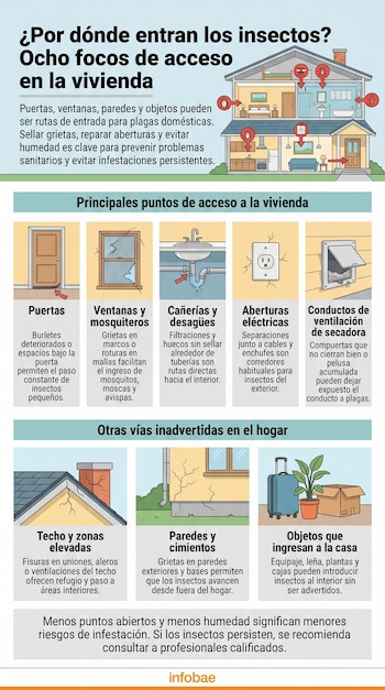 Infografía con una ilustración de una casa, ocho recuadros explicativos sobre accesos de insectos y el logotipo de Infobae.