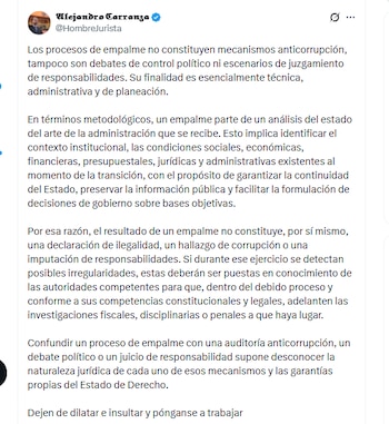 El abogado Alejandro Carranza pidió al equipo de empalmde de De la Espriella que continúe con el proceso de transición de Gobierno - crédito @HombreJurista/X