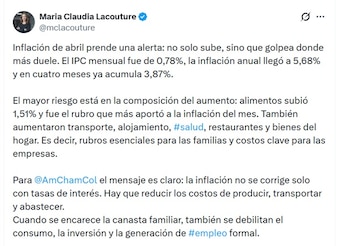 María Claudia Lacouture, presidenta ejecutiva de AmCham Colombia, dijo que la inflación de abril golpea donde más duele - crédito @McLacouture/X