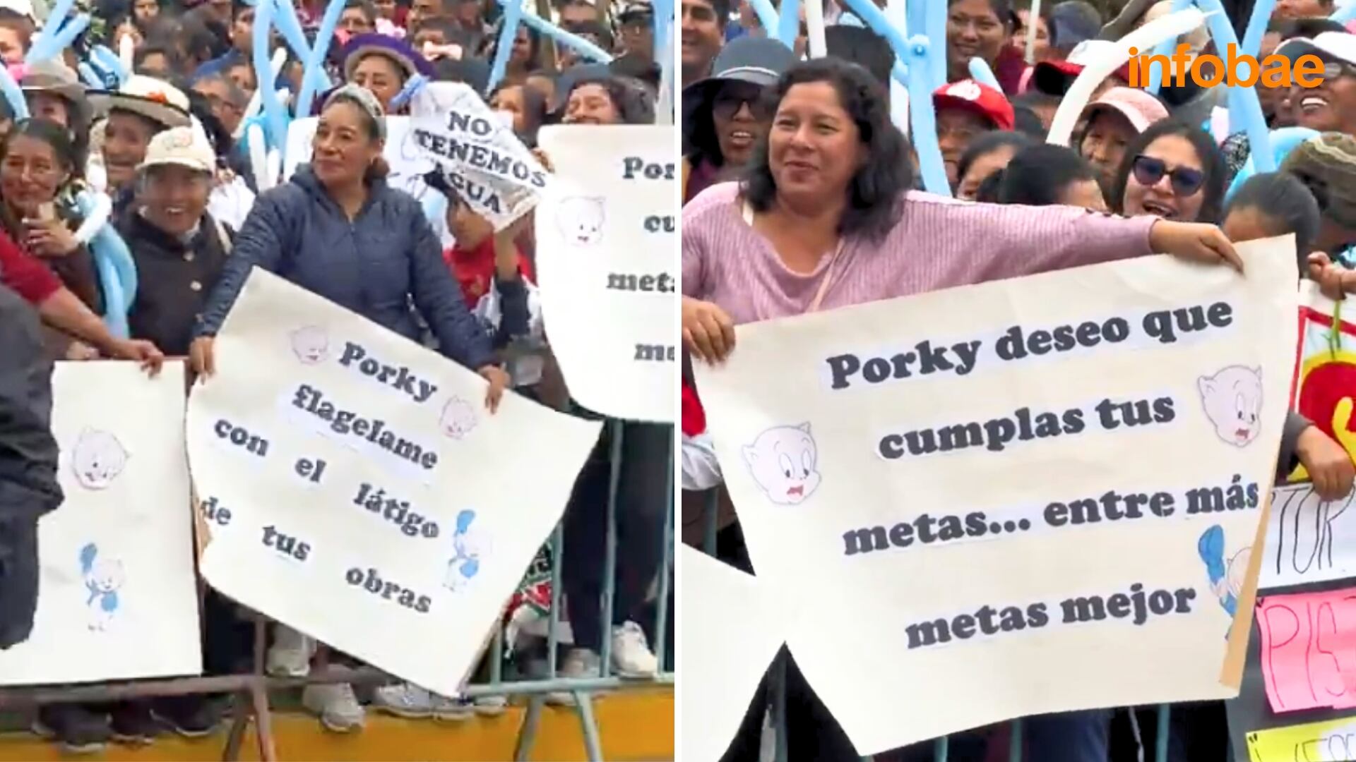 Vecinas de Pachacámac y Cieneguilla mostraron carteles de doble sentido durante la inauguración de la nueva avenida Mario Vargas Llosa. - Crédito: Infobae Perú