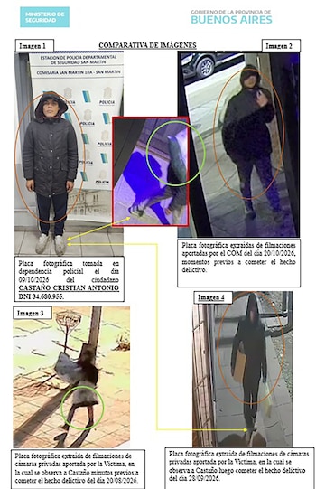 Documento oficial con cuatro fotografías que contrastan la ropa de un hombre detenido con capturas de cámaras de seguridad