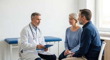 Un médico con guardapolvo y estetoscopio conversa con una pareja adulta sentada en un consultorio moderno y luminoso. Hay paredes blancas y una camilla azul.