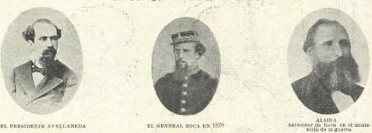 El presidente Nicolás Avellaneda, el flamante ministro Julio A. Roca y su antecesor, Adolfo Alsina. Tres de los actores claves en lo que se llamó la conquista del desierto y la guerra contra el indio