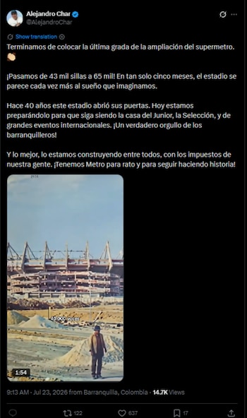 La intervención en el estadio Metropolitano Roberto Meléndez incluye nuevas graderías, adecuaciones estructurales y mejoras para una mayor afluencia de público-crédito @AlejandroChar/X