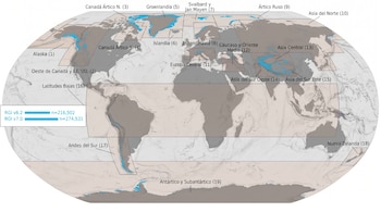 Mapa mundial con diecinueve regiones que indica glaciares en color azul. Presenta leyenda con RGI v6.2 (216.502) y RGI v7.0 (274.531).