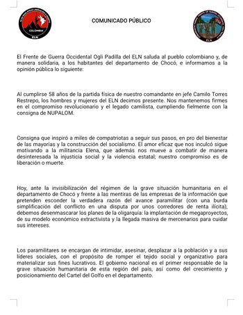 Comunicado ELN en el que