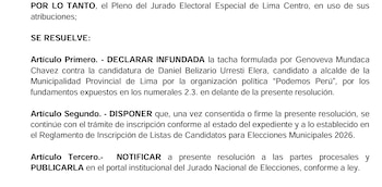 Documento legal con el encabezado "POR LO TANTO", "SE RESUELVE" y tres artículos, detallando una resolución judicial electoral