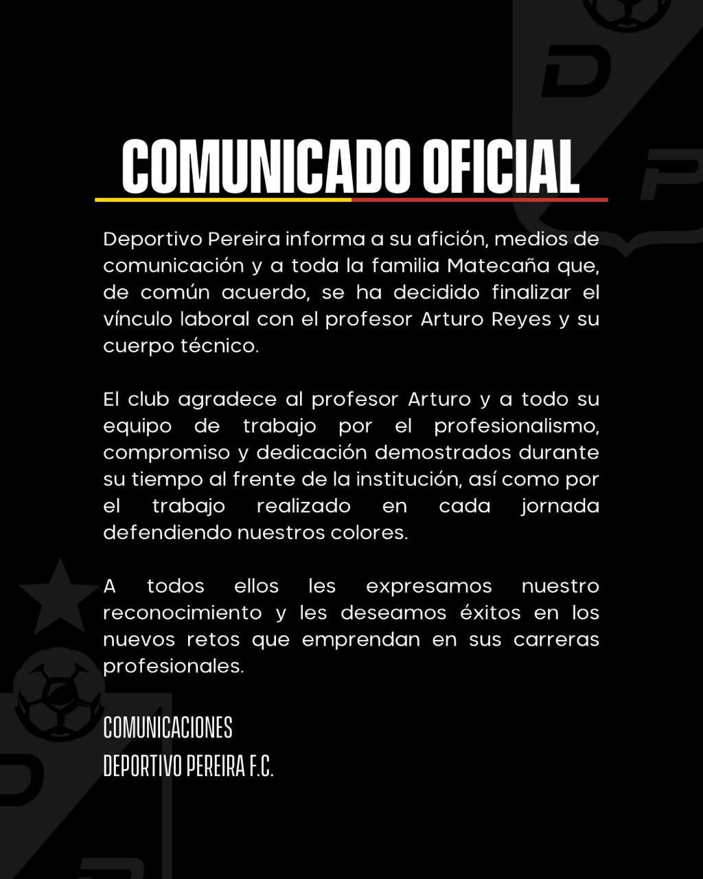 El anuncio del Deportivo Pereira sobre la salida de Arturo Reyes de la dirección técnica - crédito Deportivo Pereira