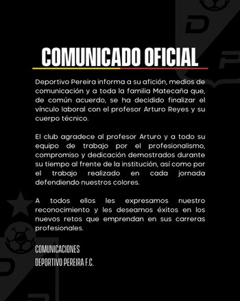 El anuncio del Deportivo Pereira sobre la salida de Arturo Reyes de la dirección técnica - crédito Deportivo Pereira