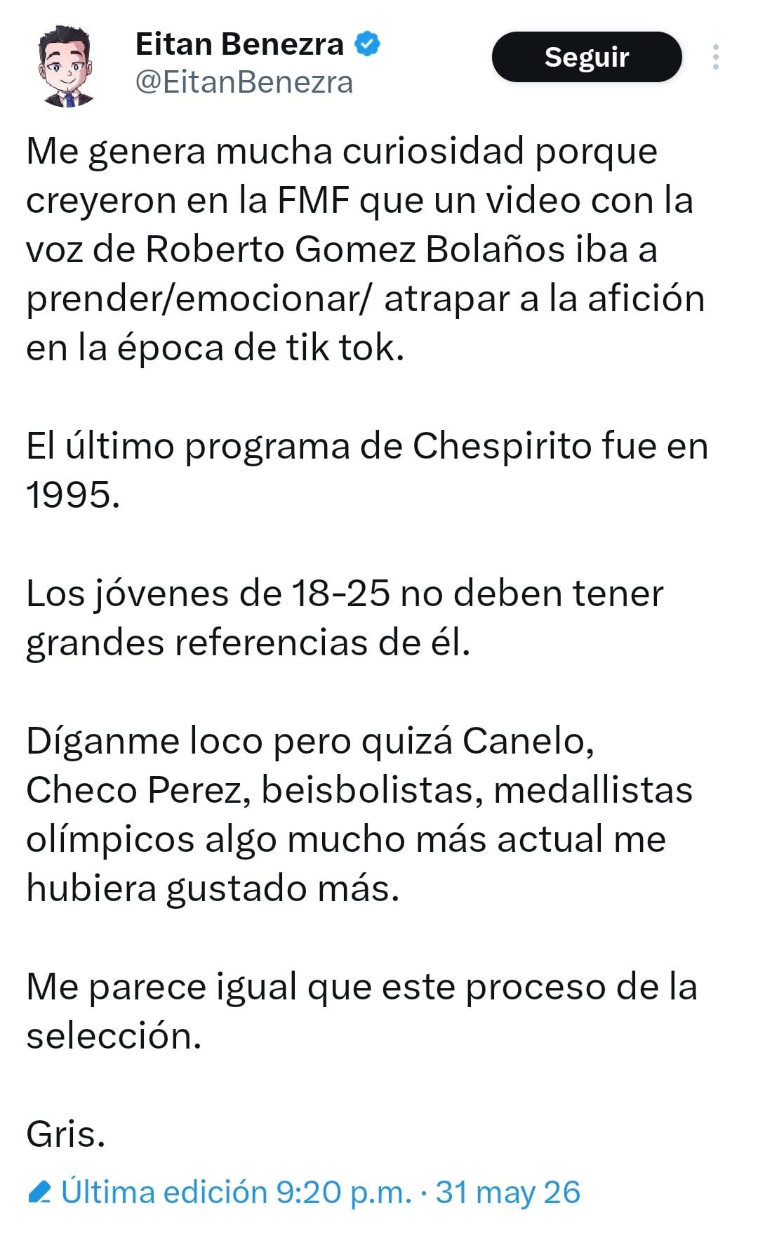Eitan Benezra, a través de X, generó debate al cuestionar la efectividad de un video de la FMF con la voz de Roberto Gómez Bolaños para conectar con las nuevas generaciones, sugiriendo figuras deportivas más actuales. (Captura de pantalla: X)
