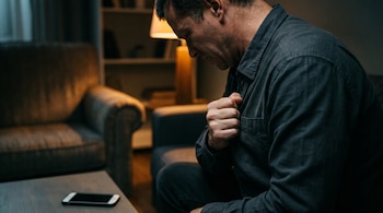 Un hombre sentado en un sillón aprieta su camisa sobre el pecho, junto a una mesa con un teléfono celular y una lámpara encendida al fondo.