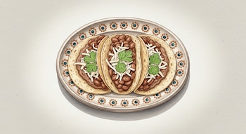 Ilustración de tres tacos de frijoles abiertos con queso rallado y cilantro fresco, presentados en un plato ovalado con diseño floral sobre un fondo blanco texturizado.