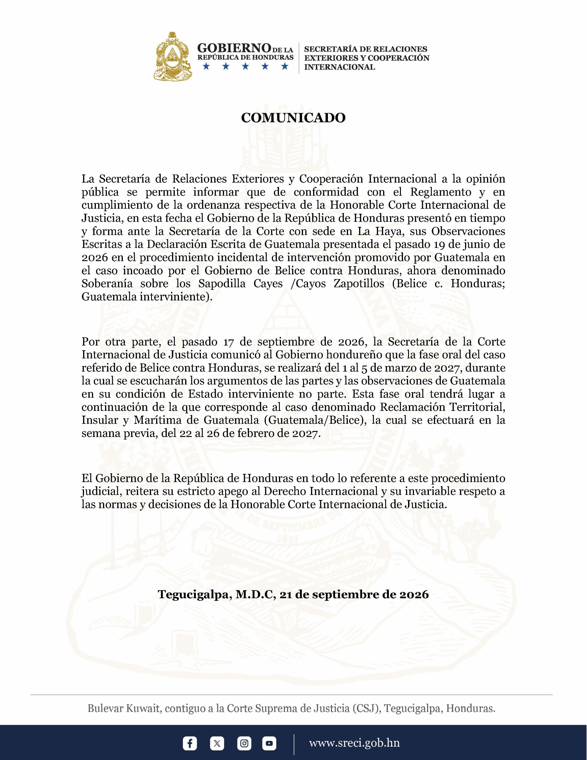 La Cancillería de Honduras informó que entregó sus observaciones dentro del plazo establecido por la CIJ.