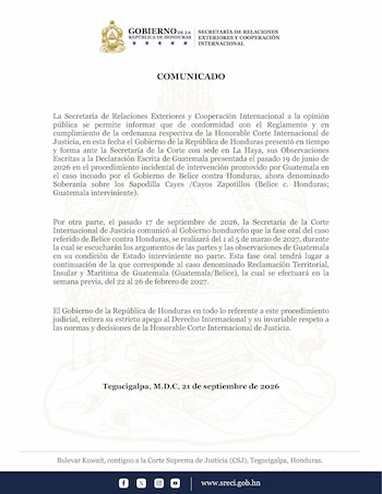 La Cancillería de Honduras informó que entregó sus observaciones dentro del plazo establecido por la CIJ.