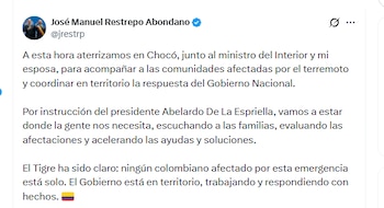 El vicepresidente José Manuel Restrepo Abondano llegó a Chocó para verificar el avance en el PMU - crédito @jrestrp/X