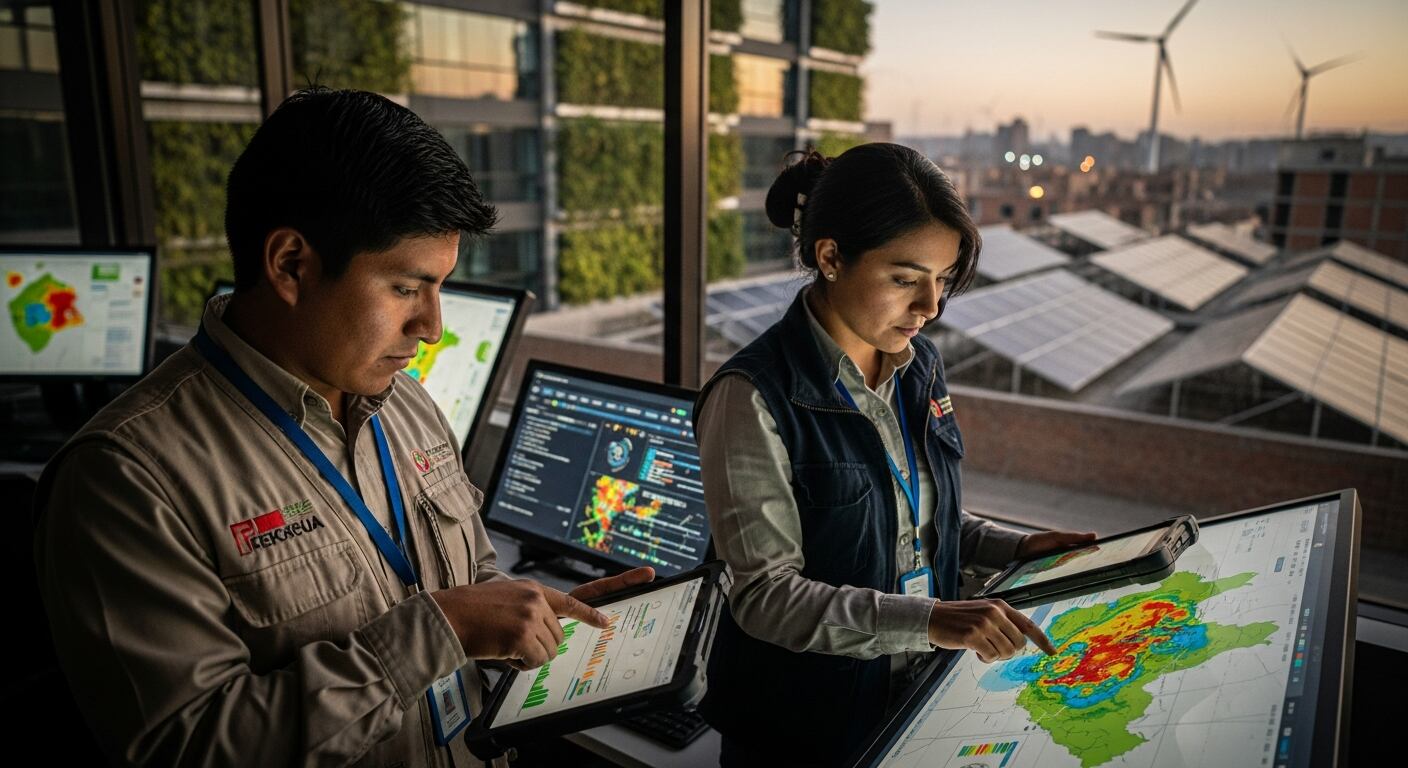 Técnicos ambientales en Perú revisan datos de emisiones de carbono y energía limpia en tablets y mapas digitales, con un fondo de infraestructura verde. (Imagen Ilustrativa Infobae)