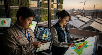 Un hombre y una mujer, técnicos, consultan pantallas con mapas y gráficos. Edificios con vegetación, paneles solares y molinos eólicos al fondo.
