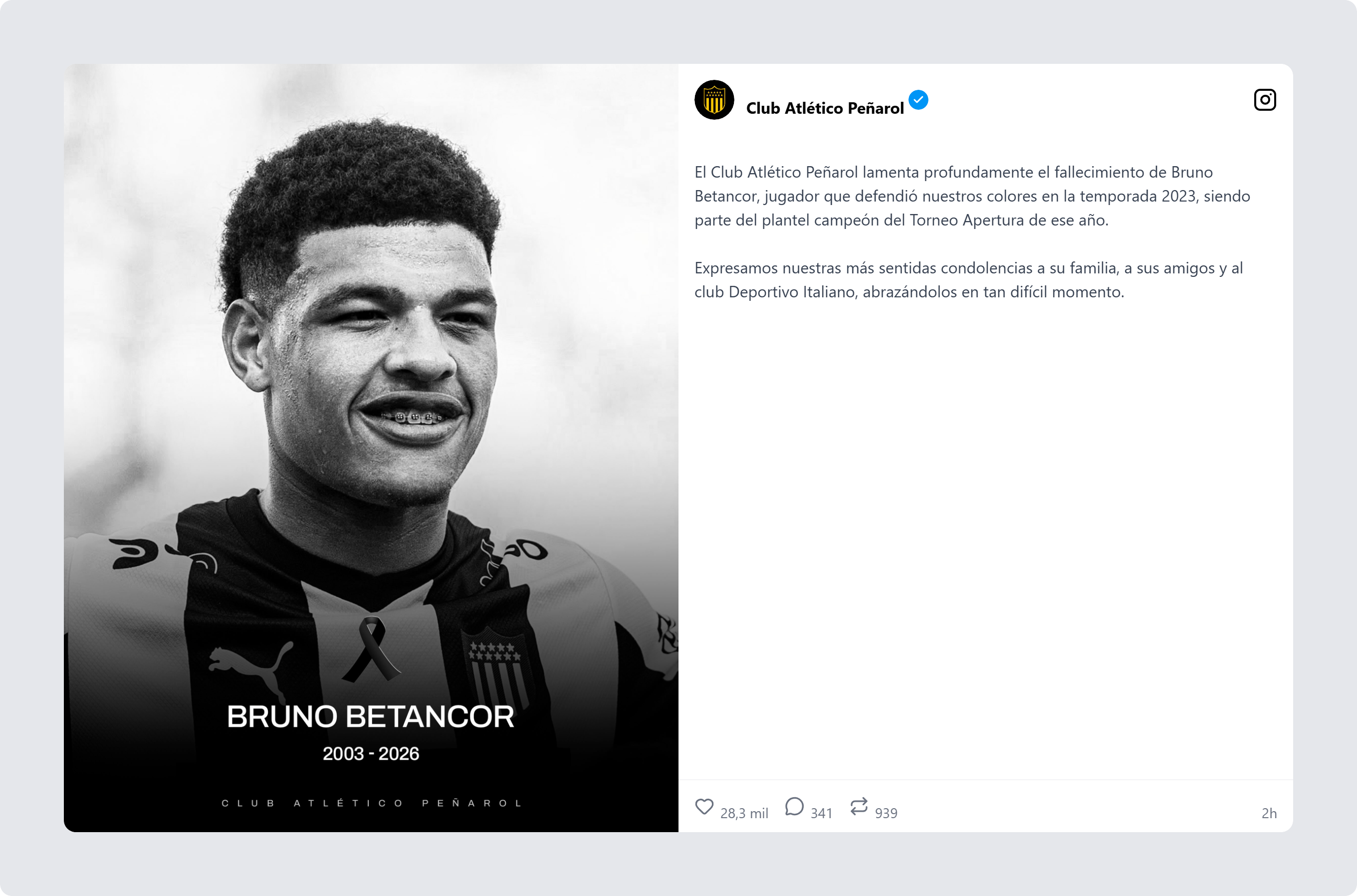 El Club Atlético Peñarol anuncia el fallecimiento de Bruno Betancor, jugador del club en la temporada 2023, con un retrato en blanco y negro y un lazo negro.