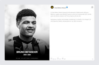 Retrato en blanco y negro de Bruno Betancor, con un lazo negro, el texto "BRUNO BETANCOR 2003 - 2026 CLUB ATLÉTICO PEÑAROL" y el logo del club