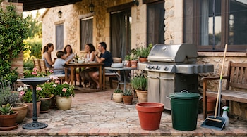 Patio de piedra con macetas, parrilla de metal, bote de basura verde, bebedero vacío, escoba y una familia sentada al fondo a la mesa.