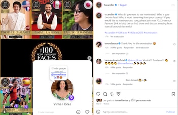 Collage con Timothee Chalamet, Ismael La Rosa, Takuto Teranishi, Ferran Torres nominados. Logo '100 Most Handsome Faces'. Chat de Virna Flores e Instagram
