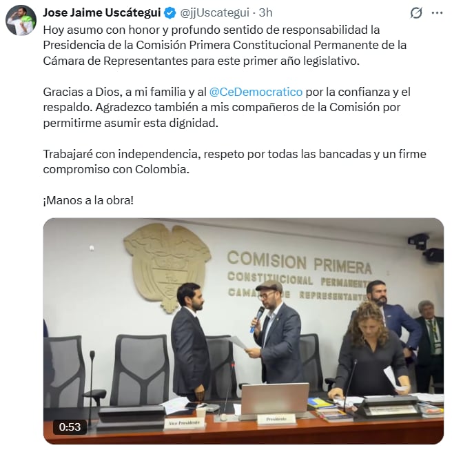 José Jaime Uscátegui agradeció el respaldo recibido y aseguró que ejercerá la presidencia con independencia y compromiso. - crédito @jjUscategui/X