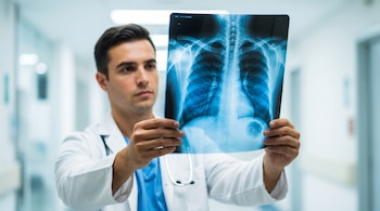 Hombre vestido de médico sostiene una radiografía de tórax con ambas manos y la mira de frente. Un estetoscopio cuelga de su cuello.