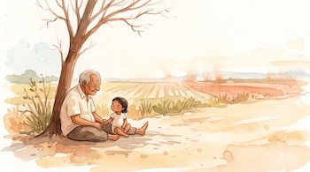 Ilustración de un hombre mayor y un niño sentados bajo la sombra de un árbol sin hojas junto a un camino de tierra y campos cultivados.