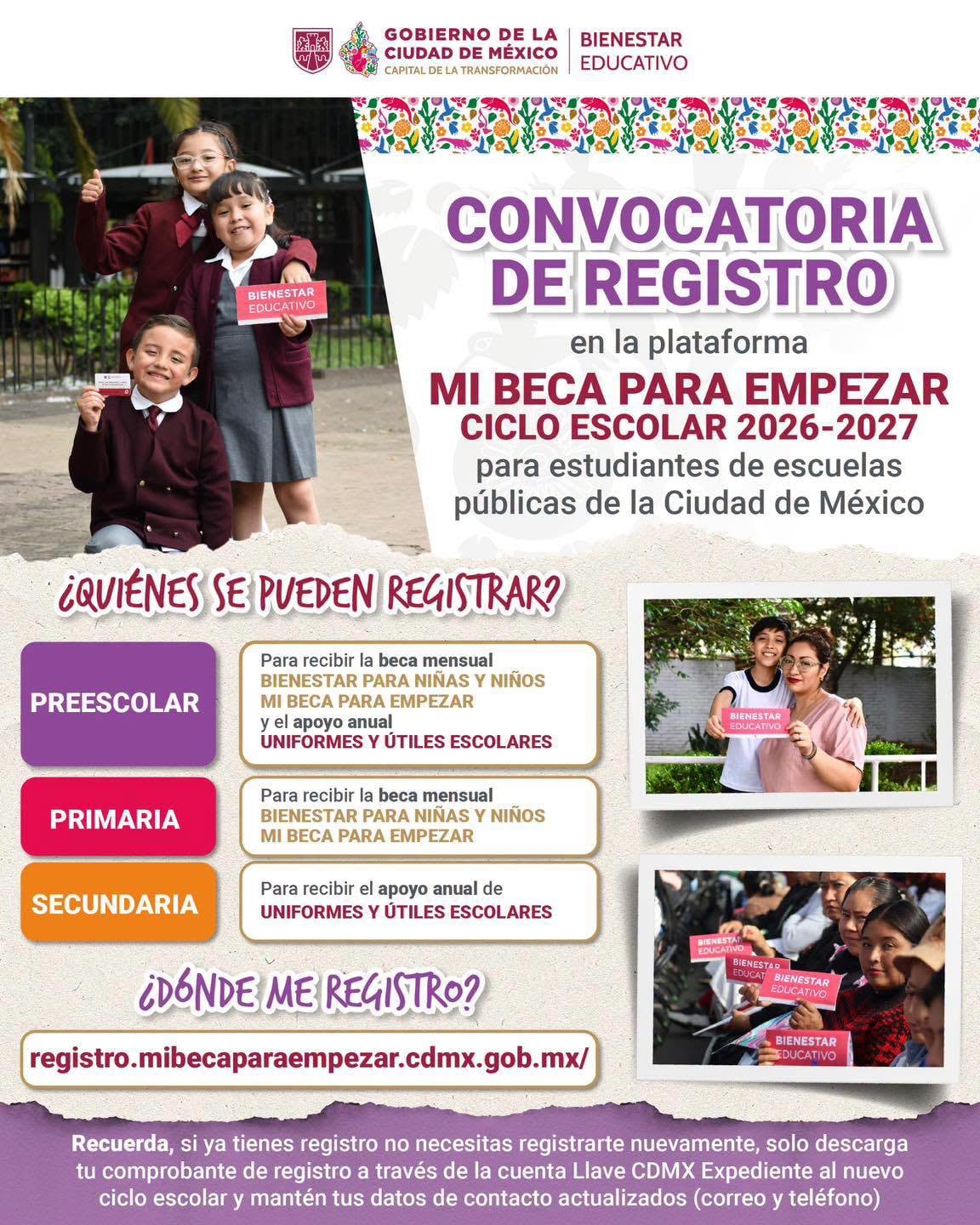El registro de nuevo ingreso a Mi Beca para Empezar del ciclo escolar 2026-2027 estará abierto del 31 de agosto al 30 de octubre para estudiantes inscritos en escuelas públicas de la Ciudad de México (X@avisosbienestar)