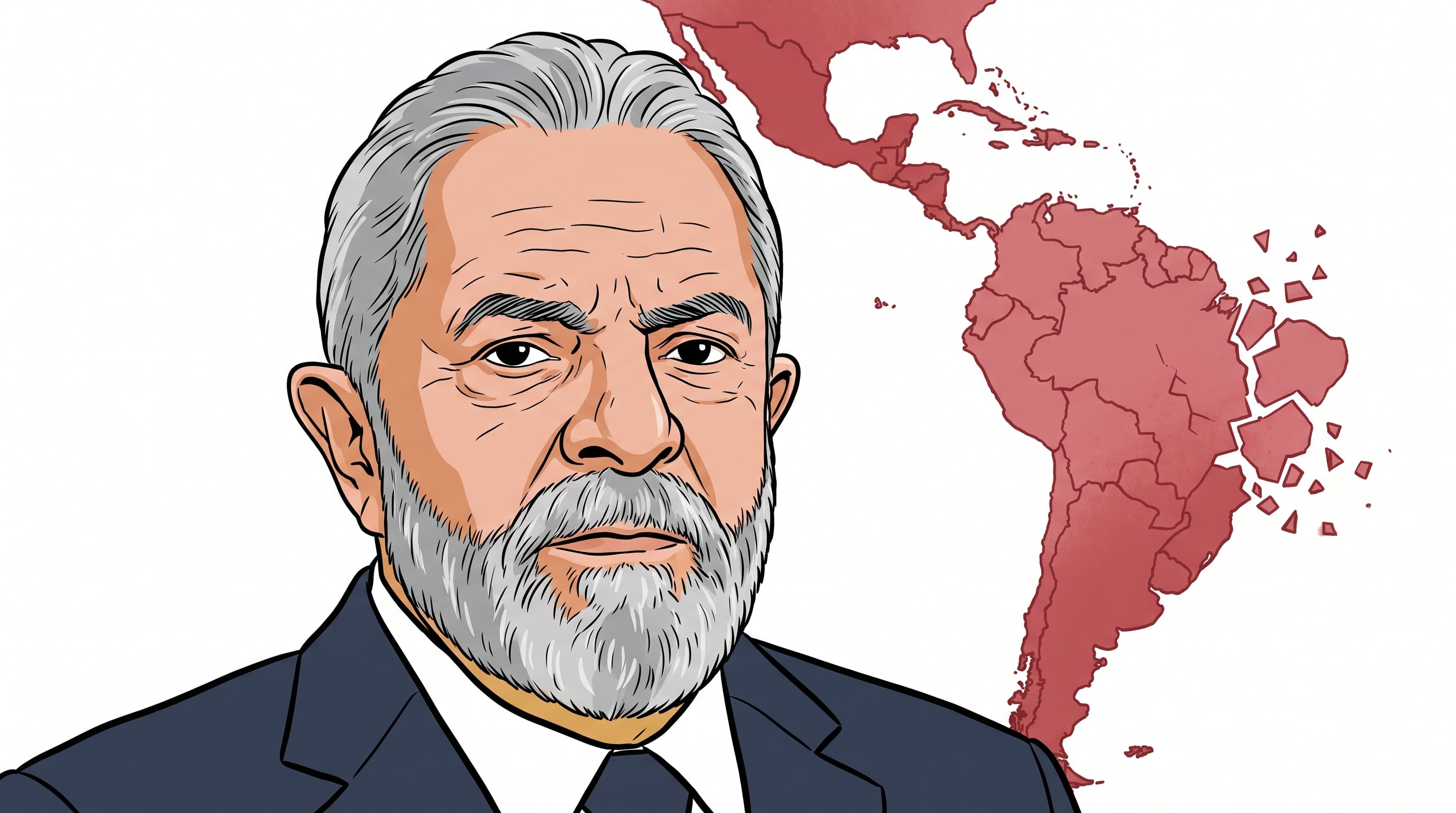 Luiz Inácio Lula da Silva aparece junto a un mapa rojo de América Latina que se desmorona en piezas geométricas. (Imagen Ilustrativa Infobae)