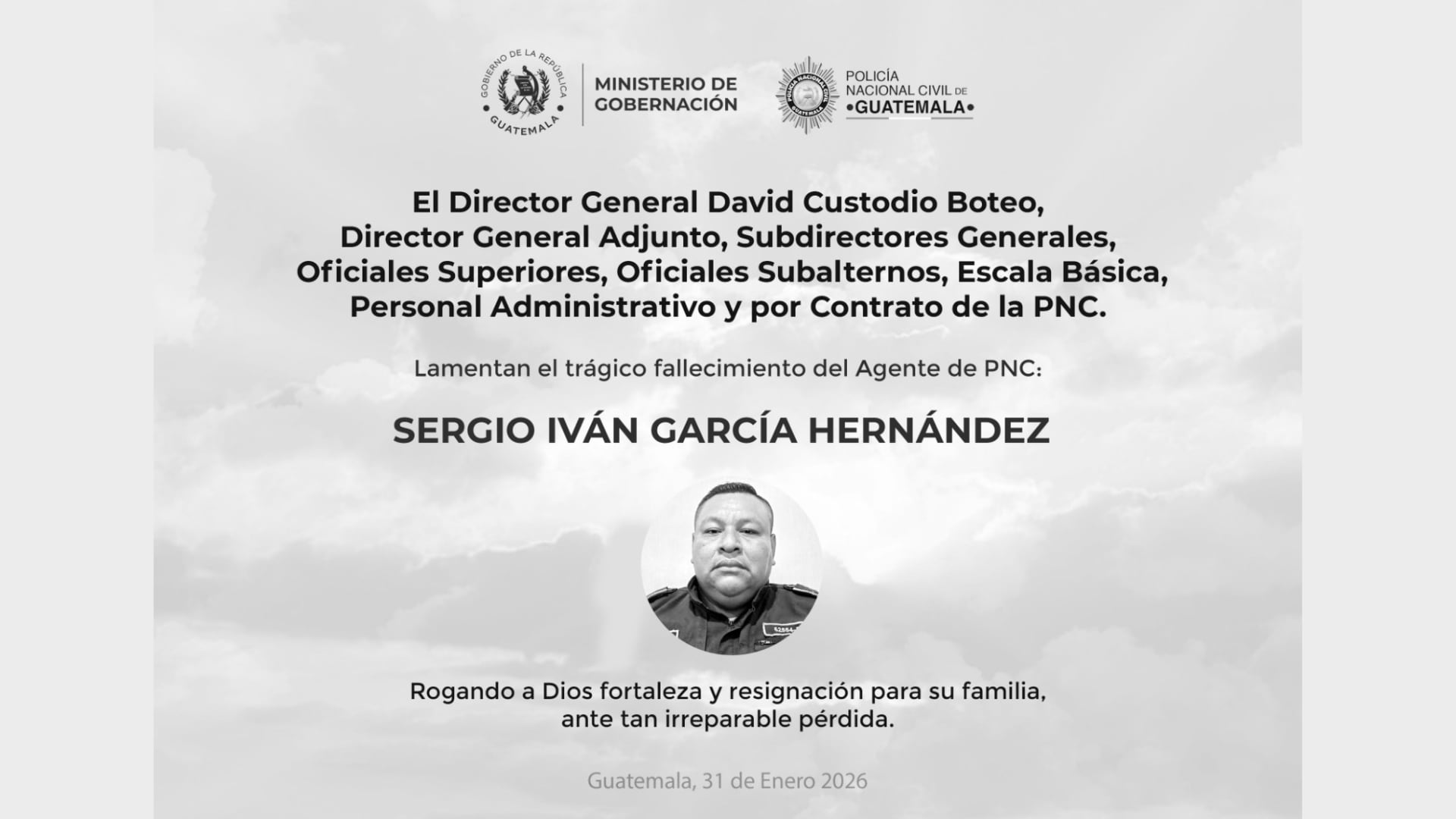 El agente Iván García Hernández falleció tras permanecer hospitalizado desde el 18 de enero por heridas de bala recibidas en Villa Nueva. Foto cortesía PNC de Guatemala